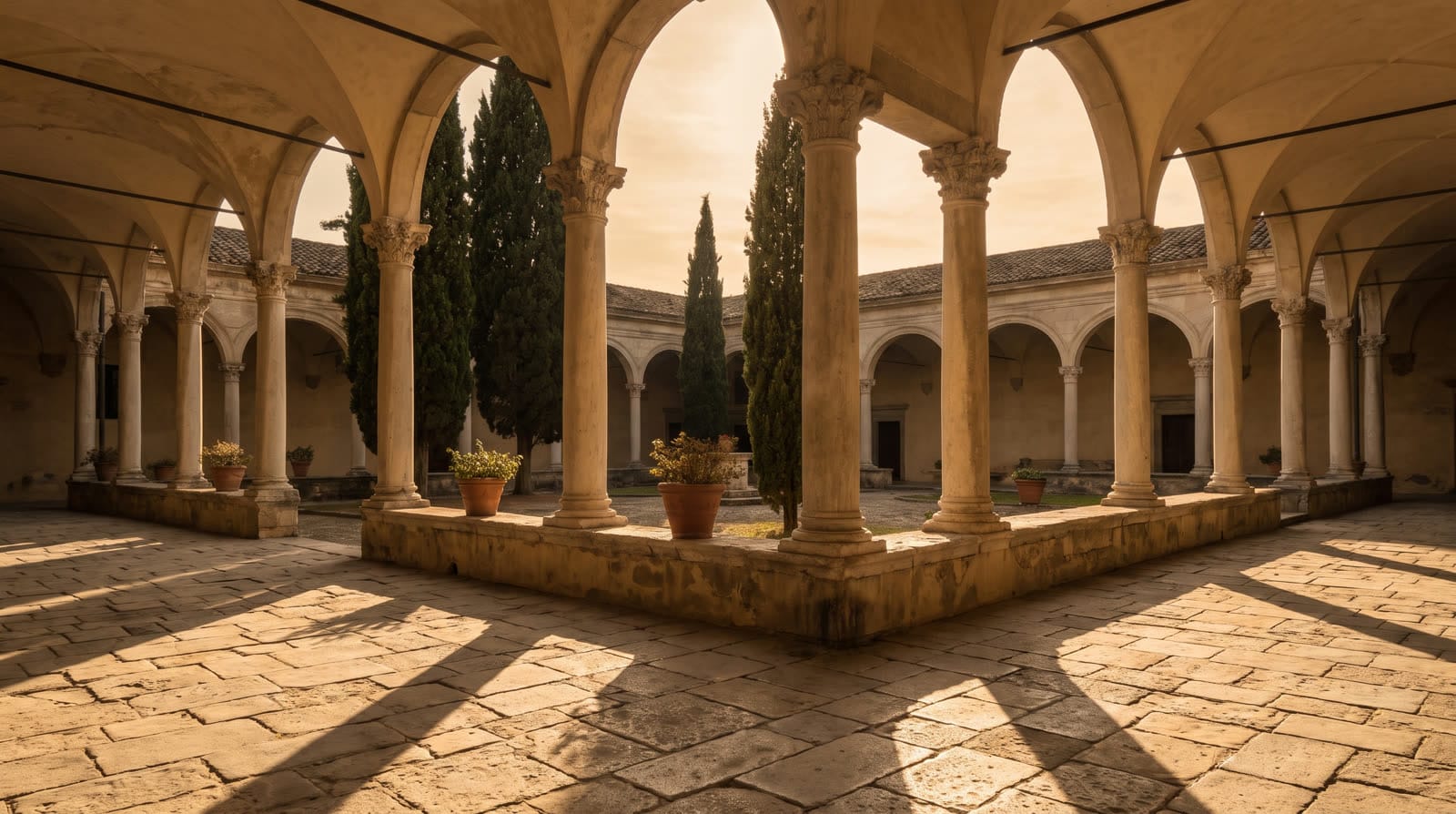 Loggia clássica de pedra em luz dourada de fim de tarde